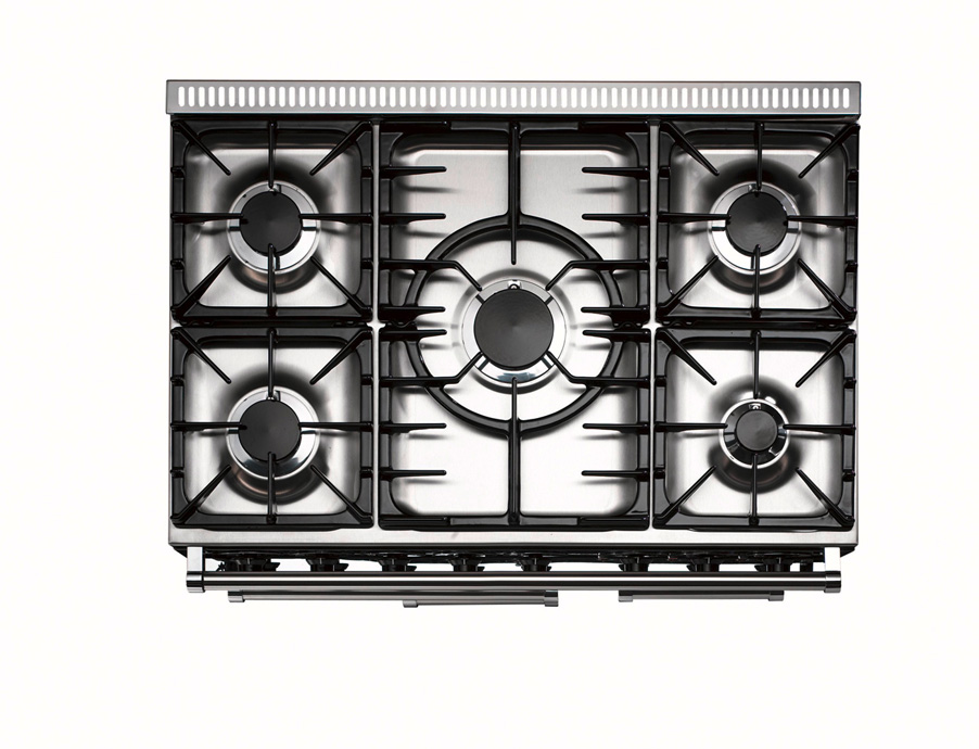 Modernes Gaskochfeld mit fünf Kochzonen aus Edelstahl und robusten Topfträgern, Draufsicht
