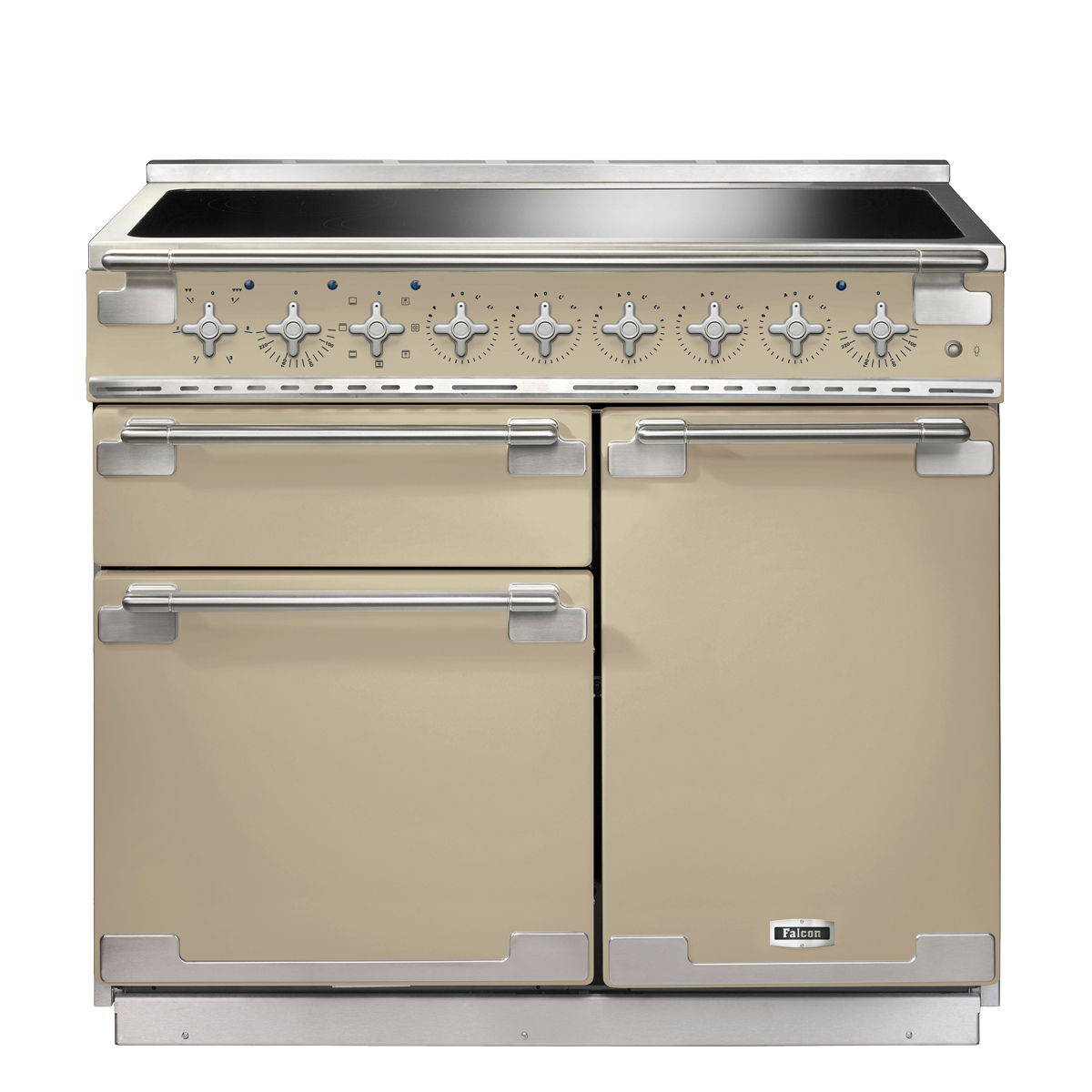 Falcon Induktionsherd in Creme mit sieben Drehknöpfen, großem Backofen und Retro-Optik