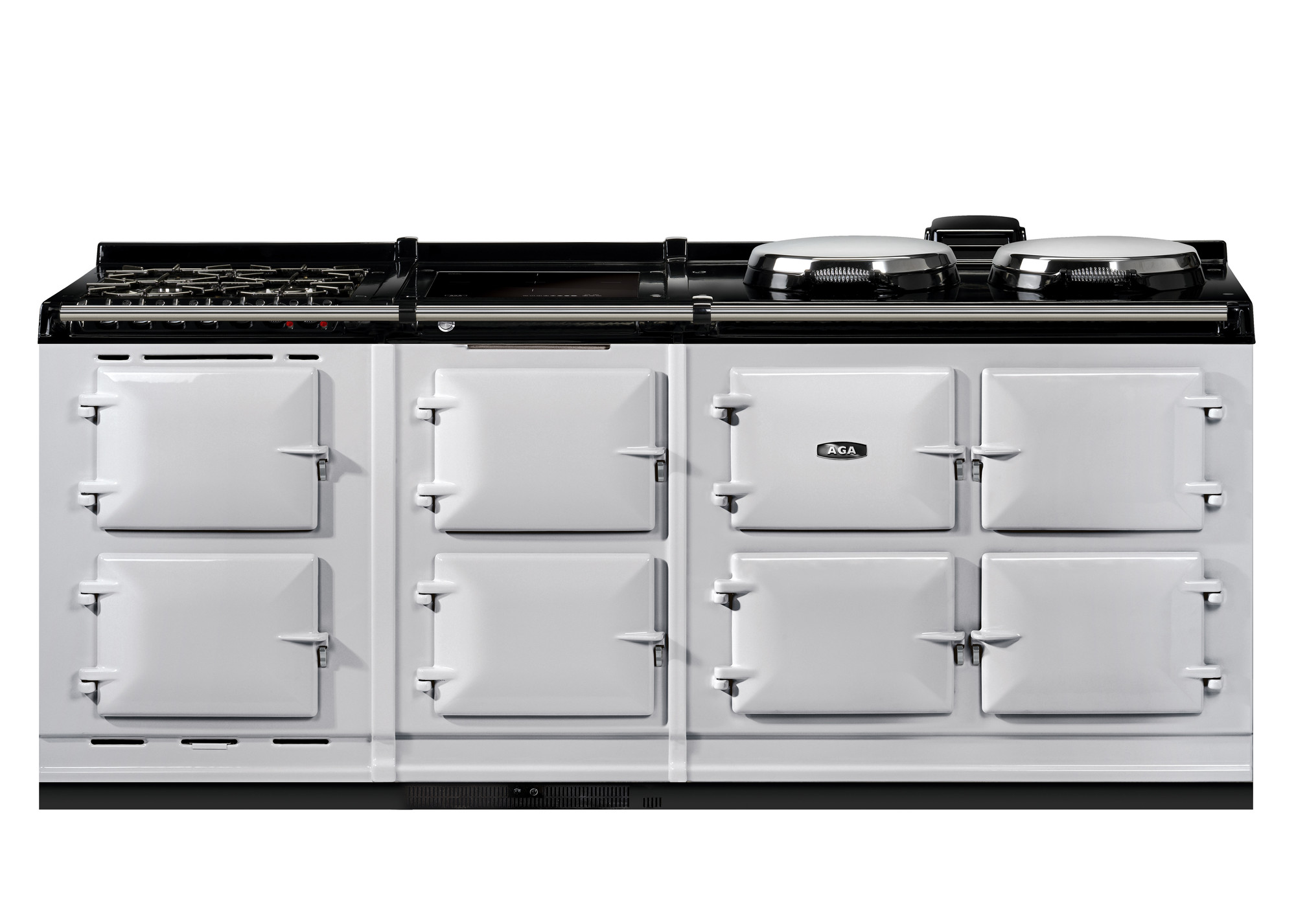 Weißer AGA Herd mit sechs Backofentüren, Kochfeldern und Gaskochstelle – klassischer Range Cooker für große Küchen