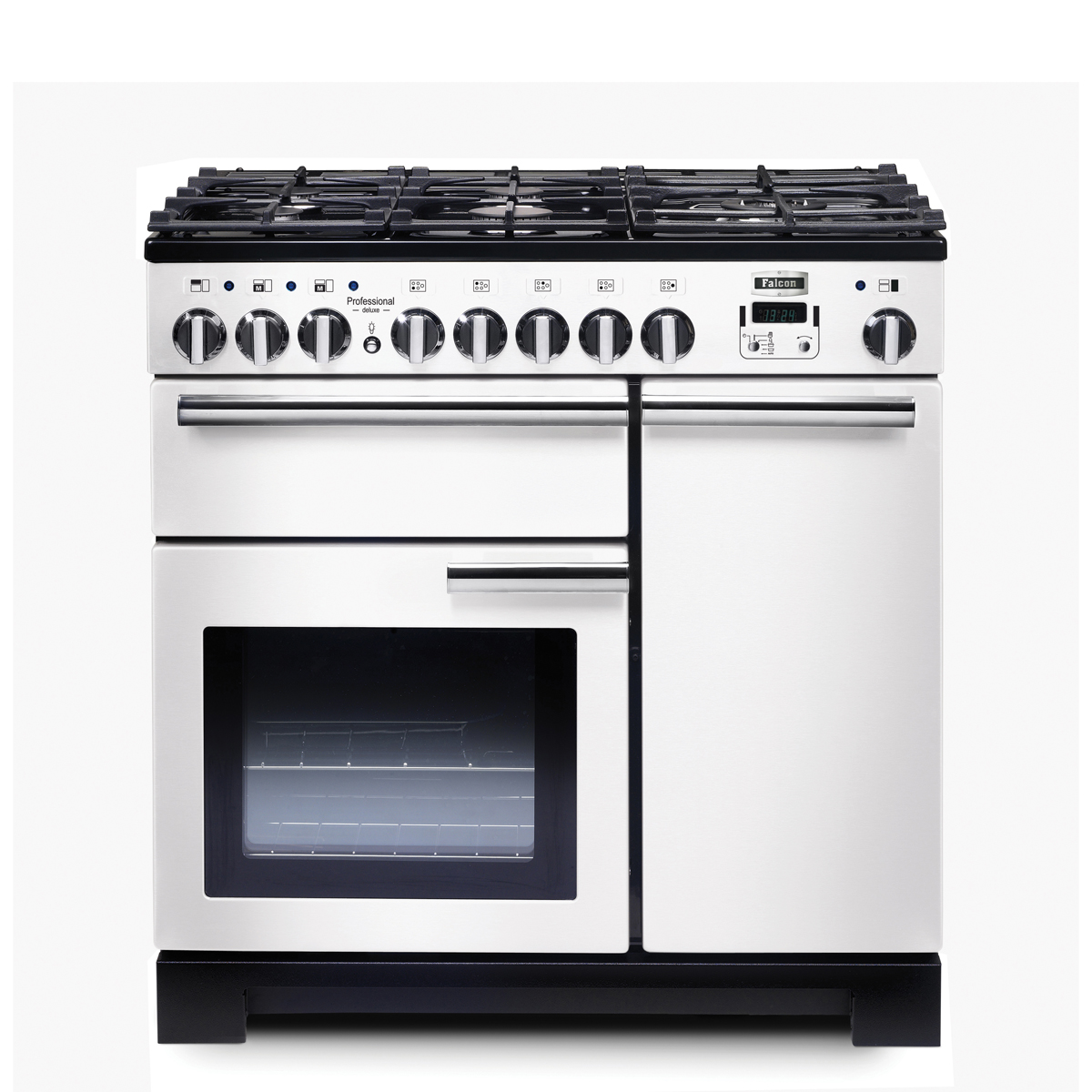 Moderner, großer Gasherd aus Edelstahl mit Backofen und mehreren Drehknöpfen für verschiedene Kochbereiche, ideal für professionelle Küchen
