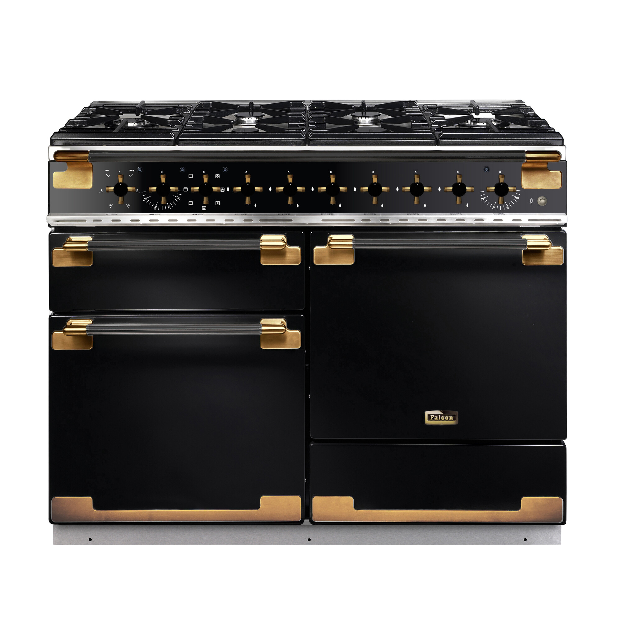 Schwarzer Falcon Classic Deluxe 110 Standherd mit goldenen Griffen und Knöpfen, ausgestattet mit großem Gaskochfeld und mehreren Backofentüren