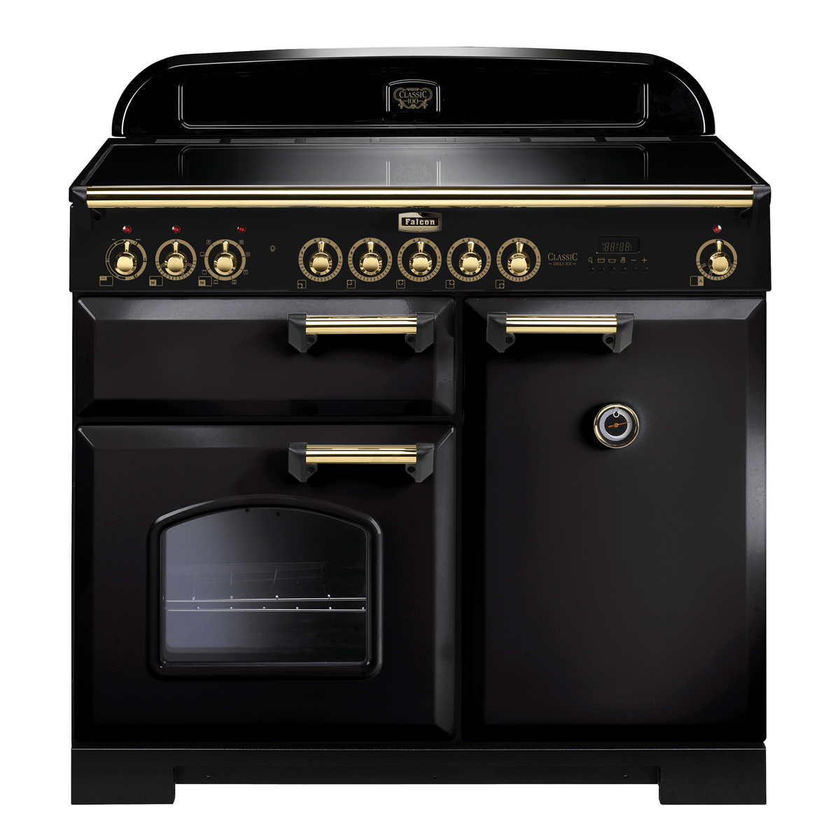 Schwarzer Falcon Classic Deluxe Standherd mit goldenen Details, mehreren Backöfen und Bedienelementen
