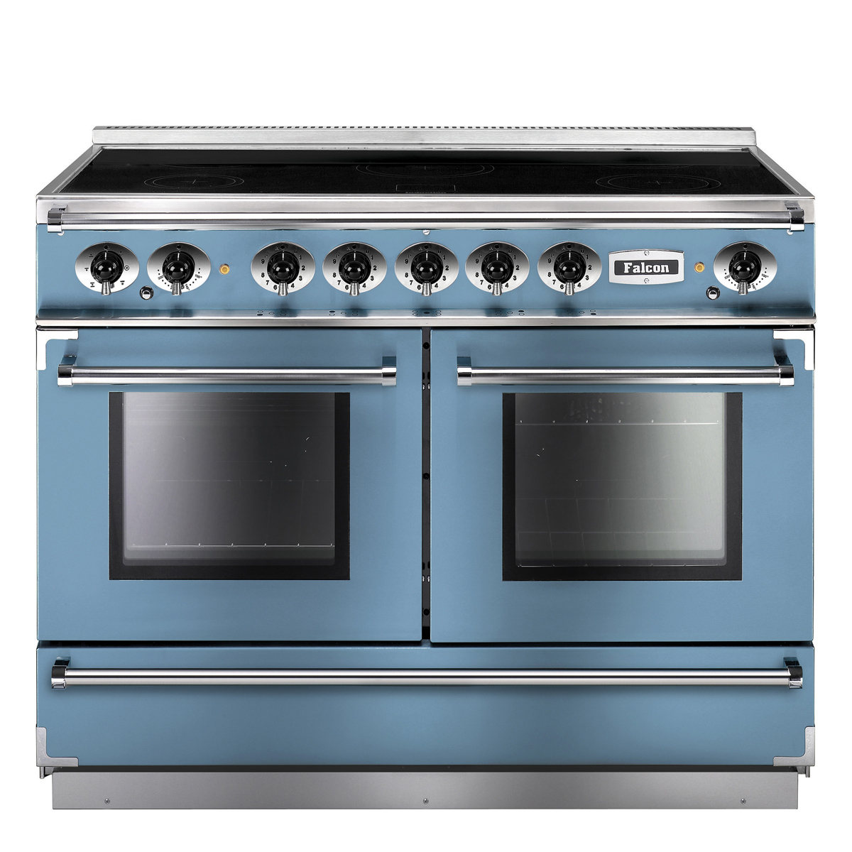 Blauer Falcon Induktionsherd mit zwei Backofentüren und mehreren Drehreglern für präzises Kochen und Backen