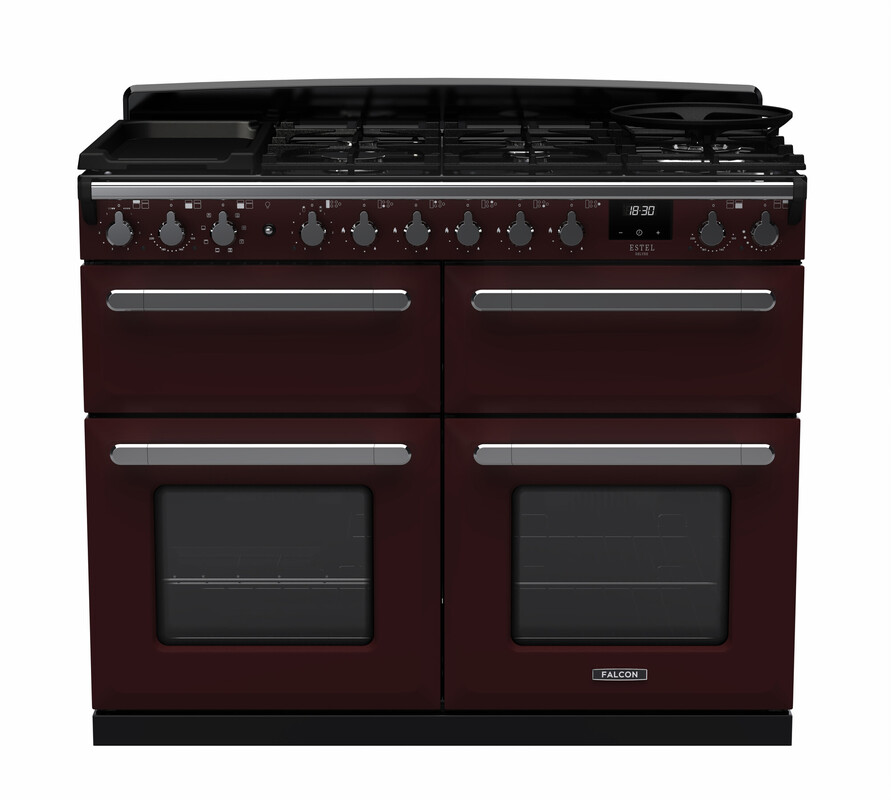Großer Falcon Range Cooker in Bordeauxrot mit vier Backöfen und einem Gas-Kochfeld, geeignet für anspruchsvolles Kochen in der Küche