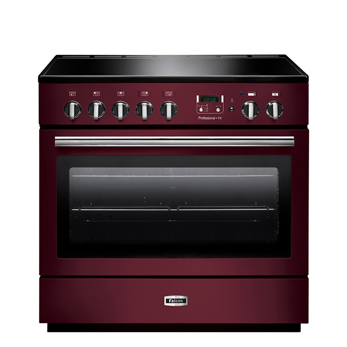 Bordeauxroter Falcon Professional+ FX Induktionsherd mit sieben Drehknöpfen, digitalem Display und großem Sichtfenster