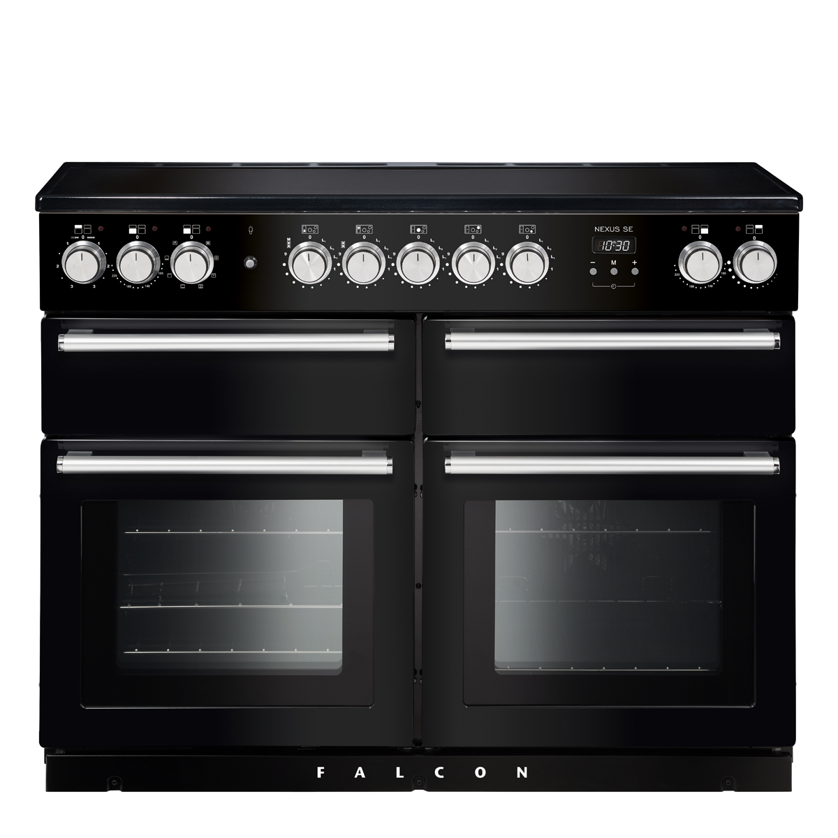 Schwarzer Falcon Nexus SE Herd mit vier Backofentüren, neun Drehknöpfen und digitaler Anzeige, geeignet für große Küchen
