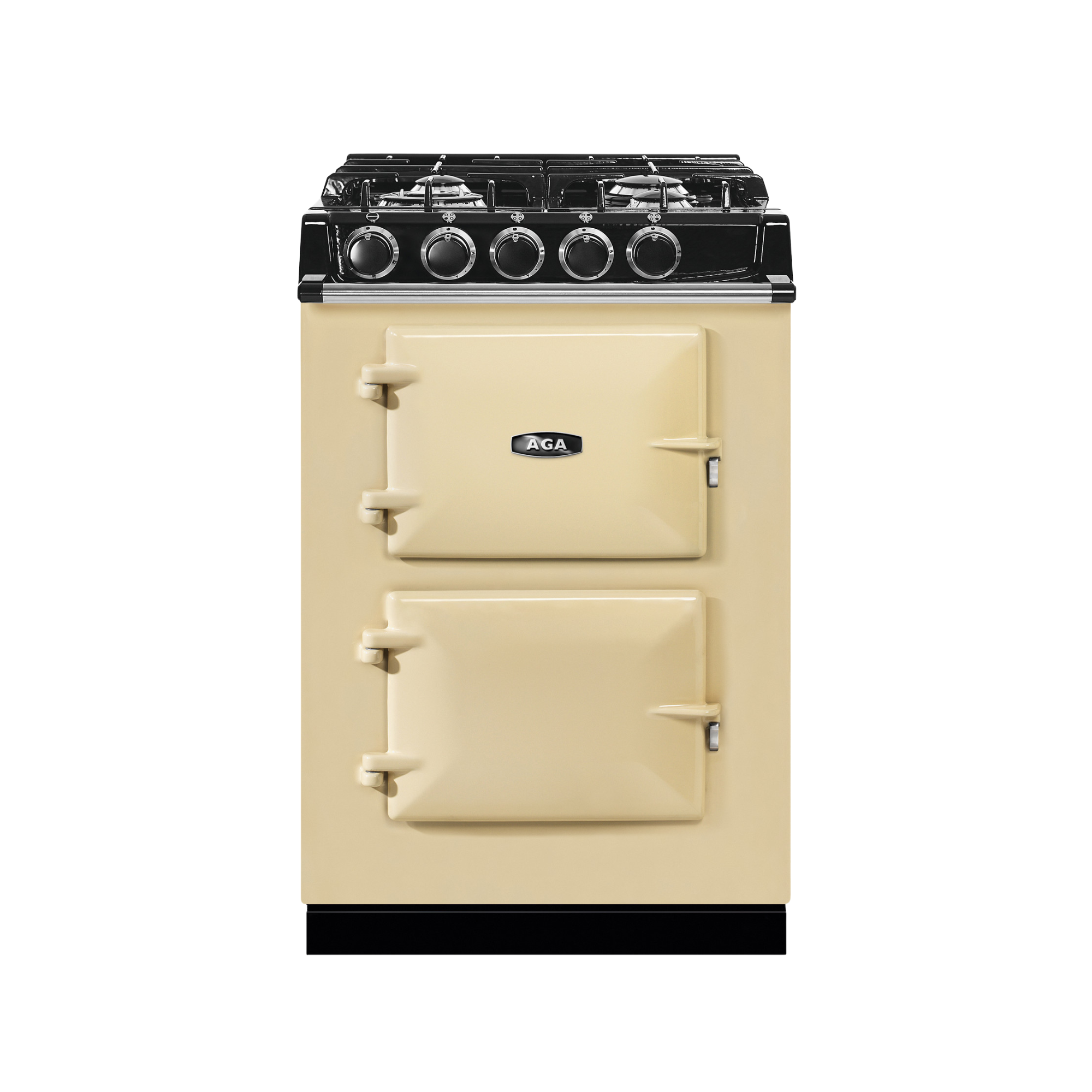 Retro AGA Herd in Creme mit zwei Ofentüren und schwarzem Gas-Kochfeld, freistehend vor weißem Hintergrund