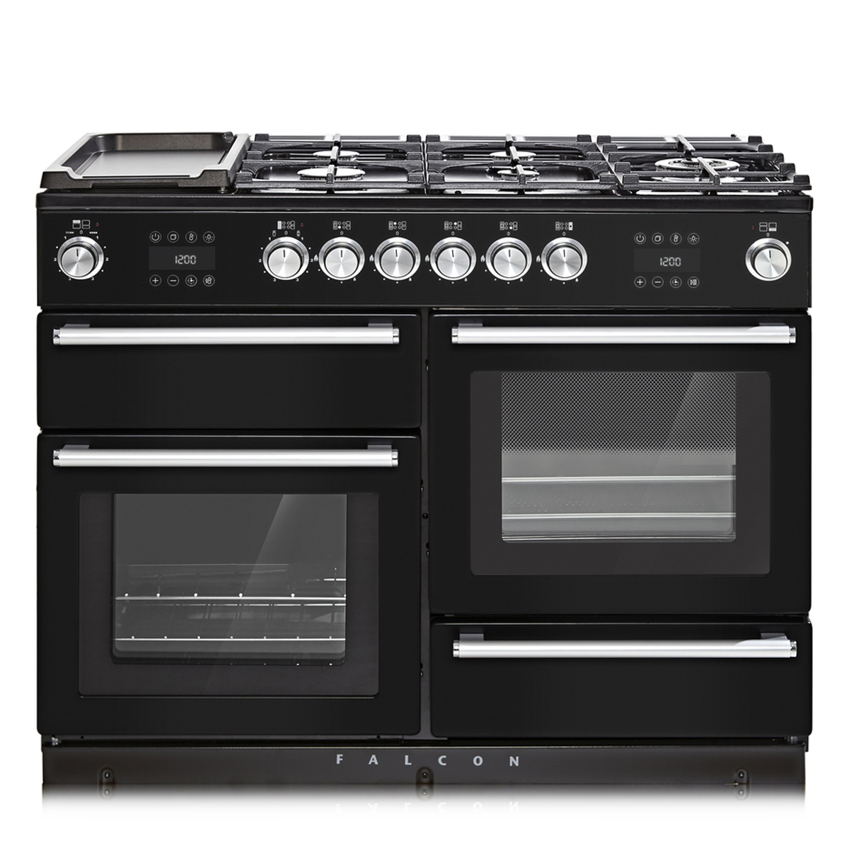Schwarzer Falcon Gasherd mit vier Backofentüren und sechs Gaskochstellen, ideal für große Küchen und Profi-Köche