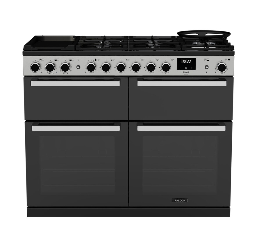 Moderner Standherd von Falcon mit schwarzem Design, Gas-Kochfeld, Bedienknöpfen und vier Backofentüren