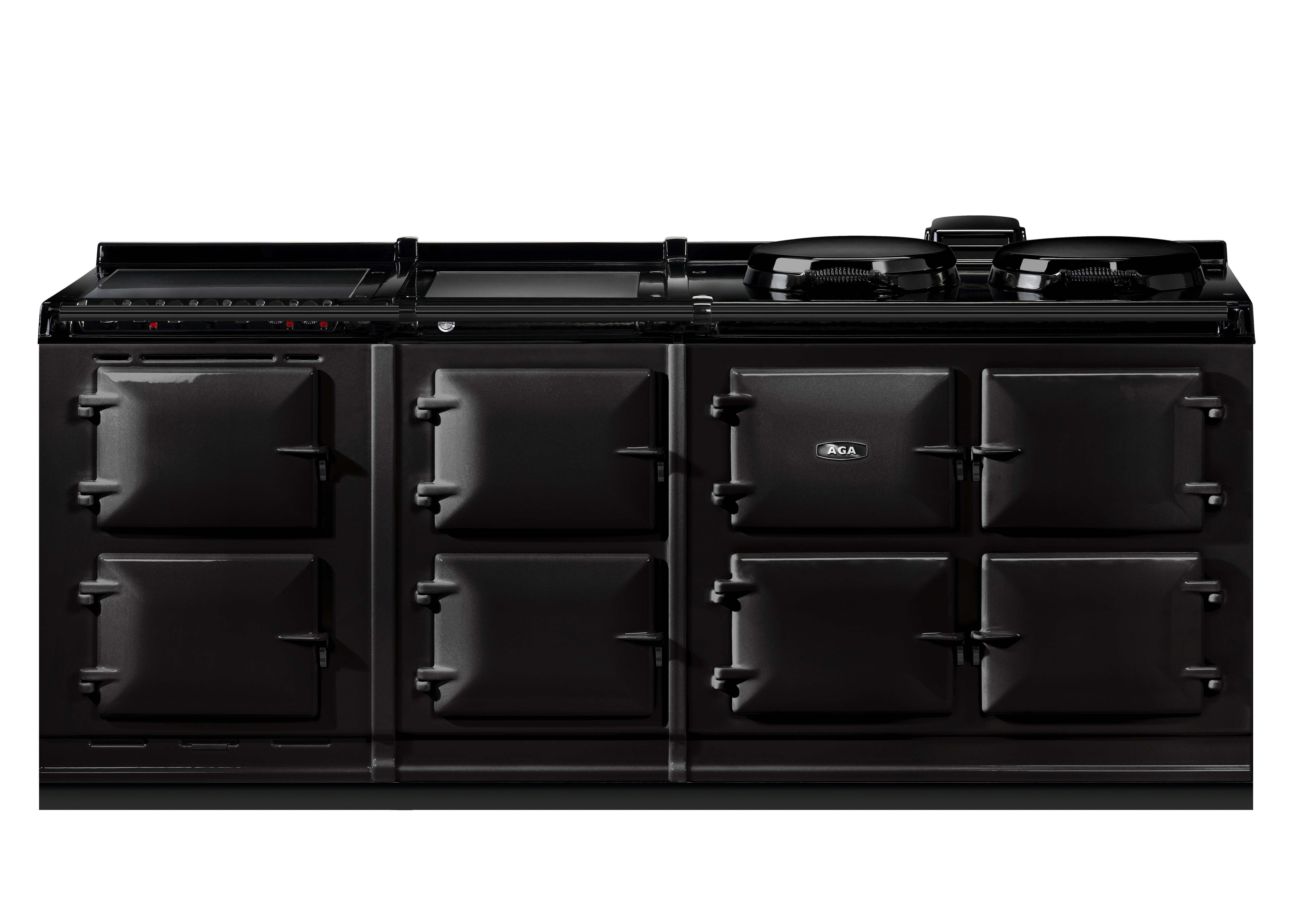 Klassischer schwarzer AGA-Herd mit sechs Backofentüren und zwei Kochplatten, freistehend in moderner Ausführung