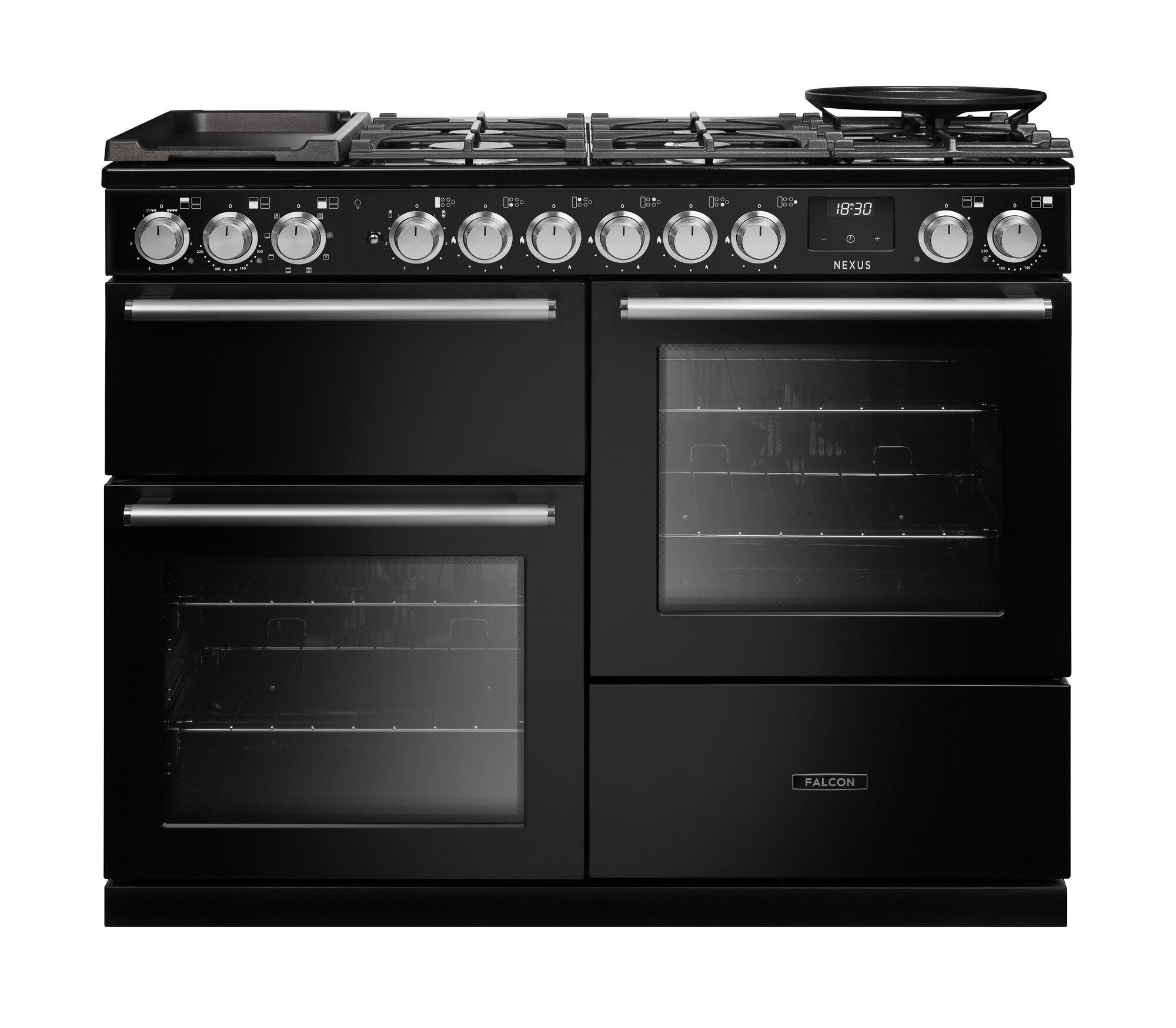 Falcon Nexus 110 cm Range Cooker in Schwarz mit Gas-Kochfeld und Grillplatte, zwei Backöfen plus separatem Grill und Stauschublade – leistungsstarker Standherd für große Küchen