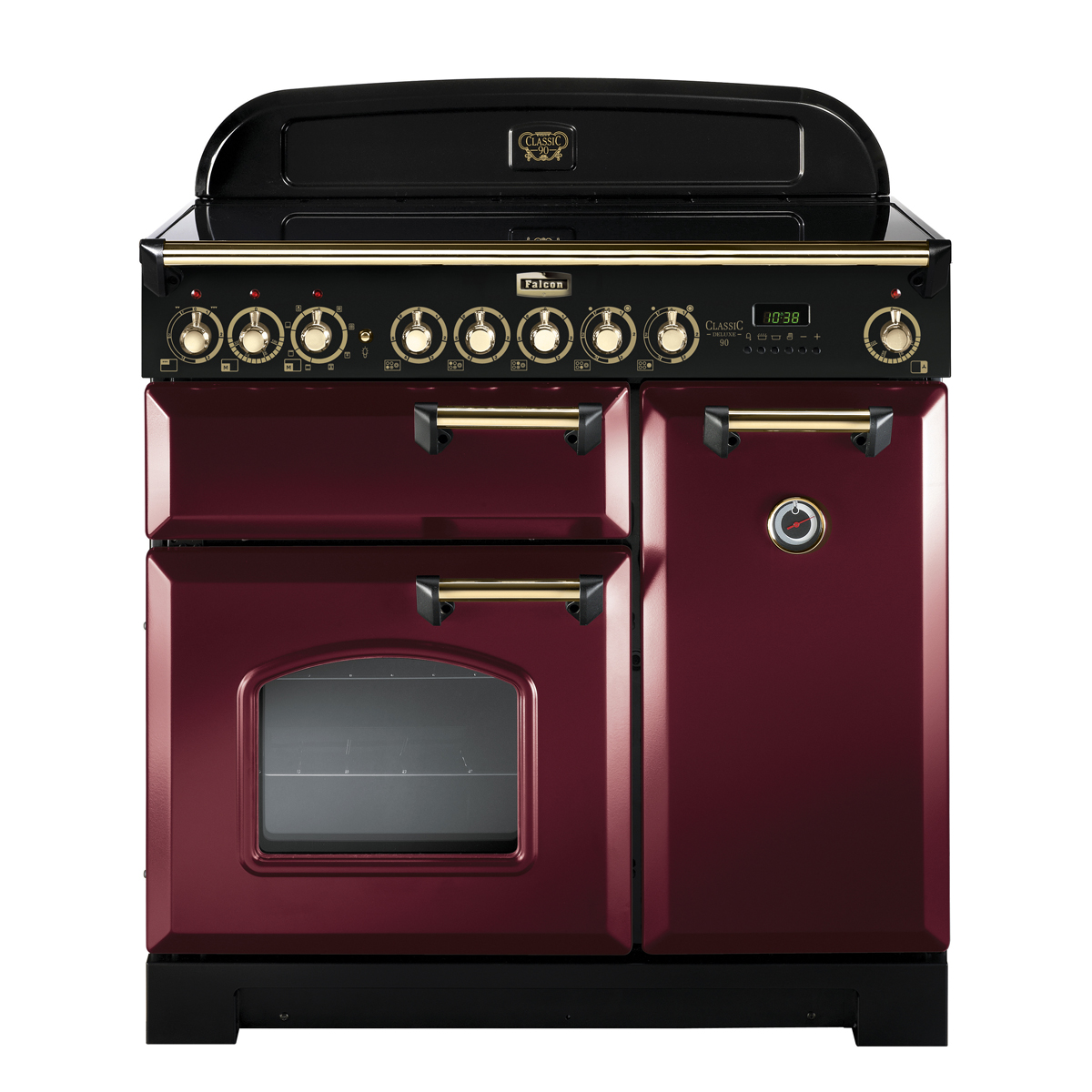 Falcon Classic Deluxe 90 Induktionsherd, bordeauxrot mit goldenen Griffen, drei Backöfen, Retro-Design