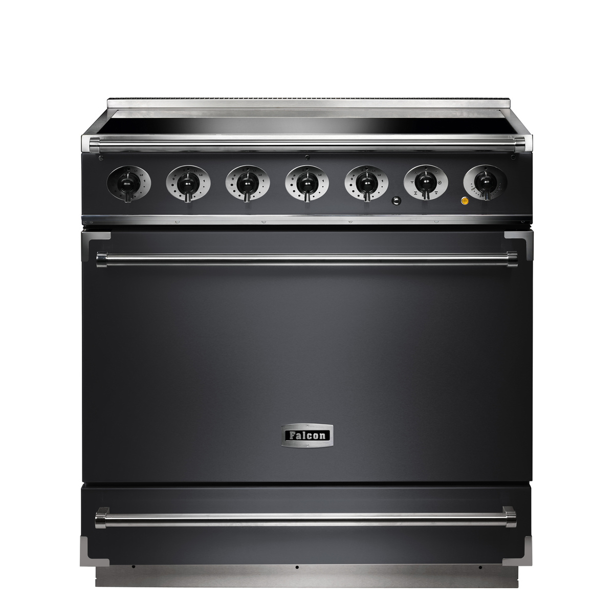 Moderner Falcon Standherd in Edelstahl und Anthrazit mit sechs Drehknöpfen und großzügigem Backofen, ideal für große Küchen