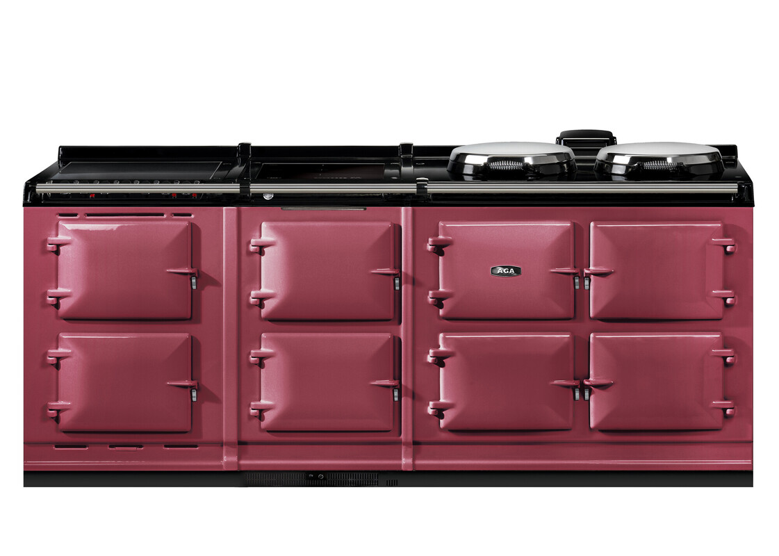 Großer AGA Standherd in Bordeauxrot mit acht Türen und zwei silbernen Kochplatten, ideal für stilvolle Küchen