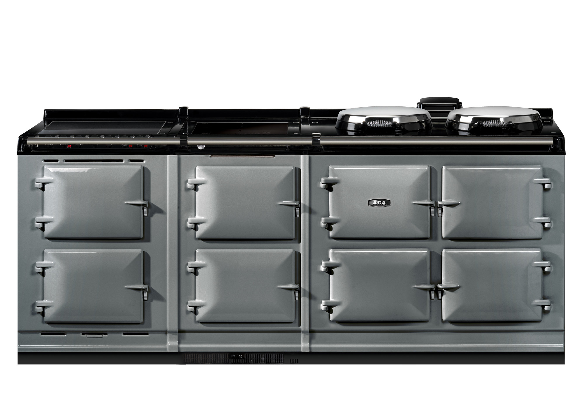 Großer grauer AGA Herd mit sechs Backofen- und Kochfeldern, klassisches Design für große Küchen