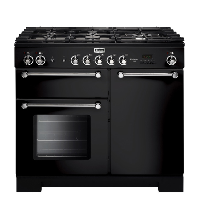 Schwarzer Falcon Kitchener 100 Range Cooker mit Gaskochfeld, mehreren Drehreglern und Backofen – eleganter Küchenherd
