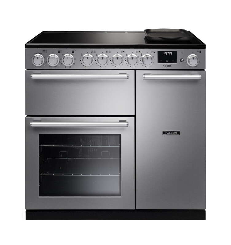 Edelstahl-Standherd Falcon Nexus 90 mit Induktionskochfeld, neun Drehknöpfen, Digitaluhr, großem Backofen mit Sichtfenster, zweitem Ofen und Stauraumfach – moderner Range Cooker für die Küche