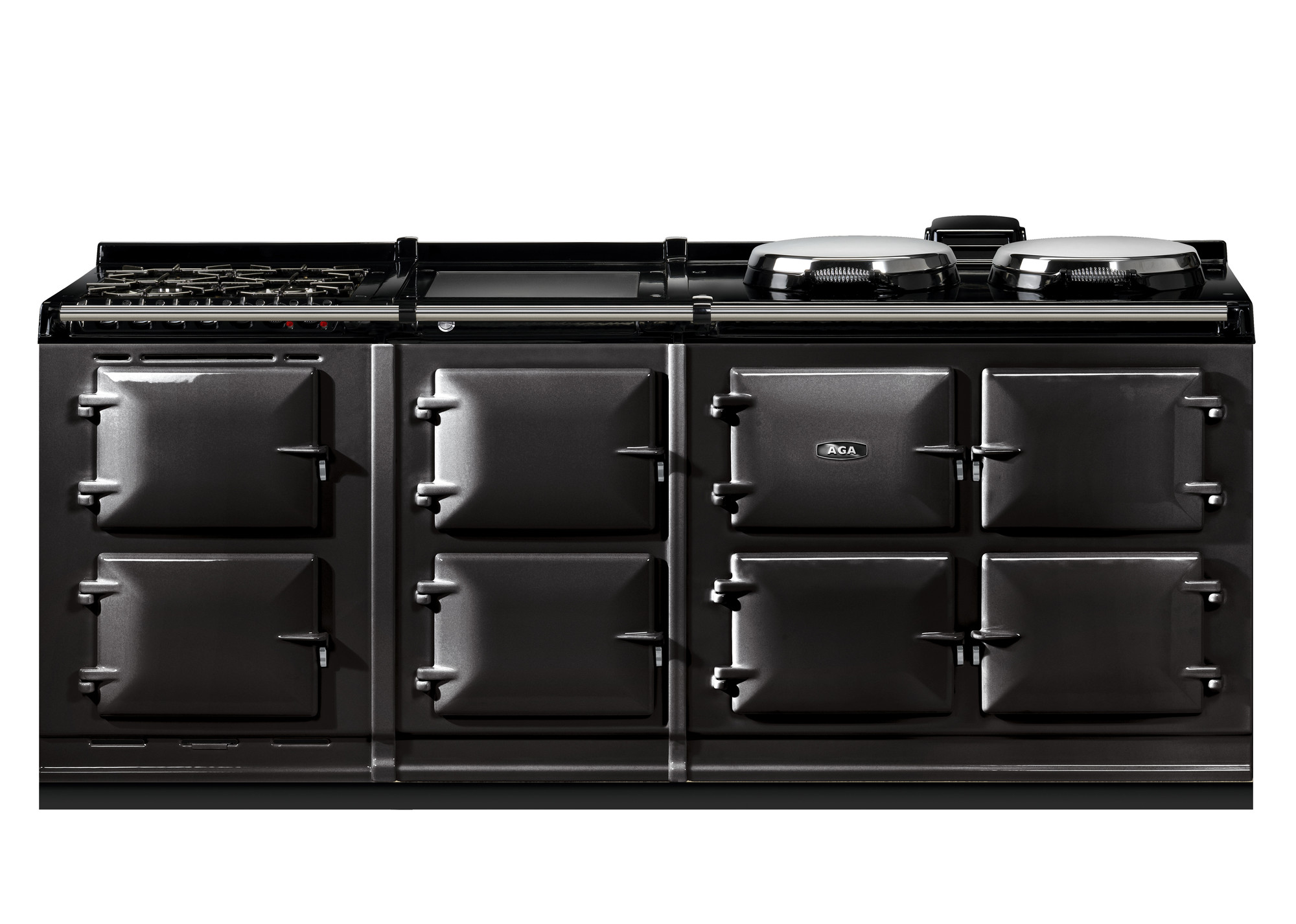 Schwarzer AGA Küchenherd mit mehreren Backofentüren, Kochplatten und Gasfeldern, ideal für modernes und traditionelles Kochen