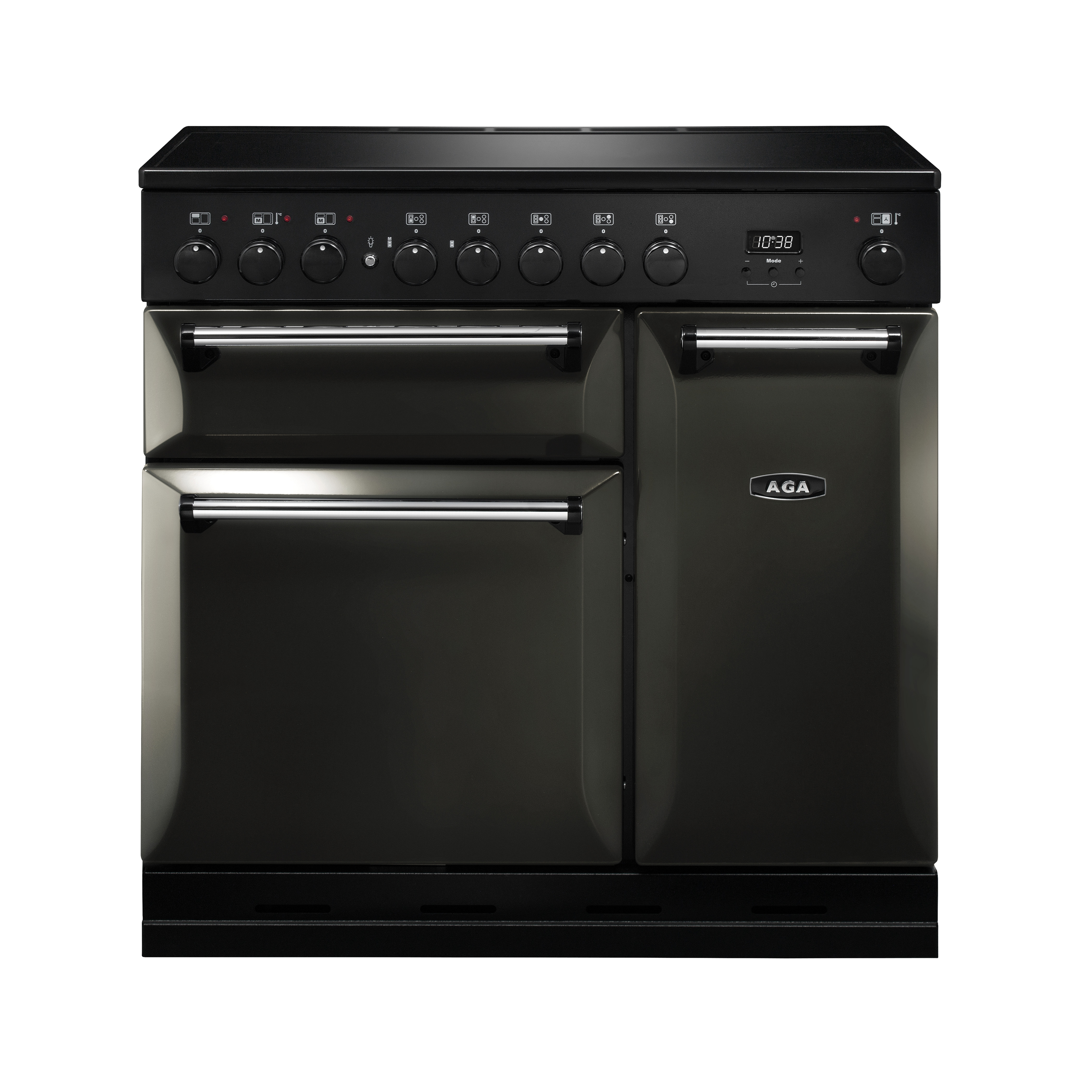 Schwarzer AGA Range Cooker mit drei Backöfen und Induktionskochfeld, ideal für große Küchen und Vielkocher