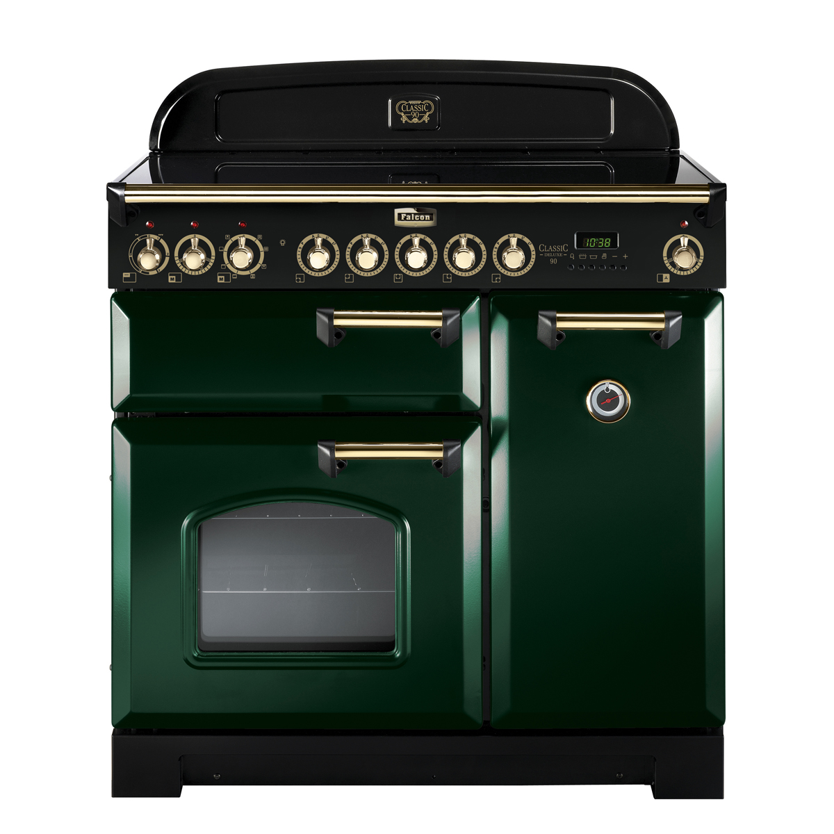 Dunkelgrüner Falcon Classic Deluxe 90 Induktionsherd mit goldenen Griffen, mehreren Backofentüren und Drehknöpfen