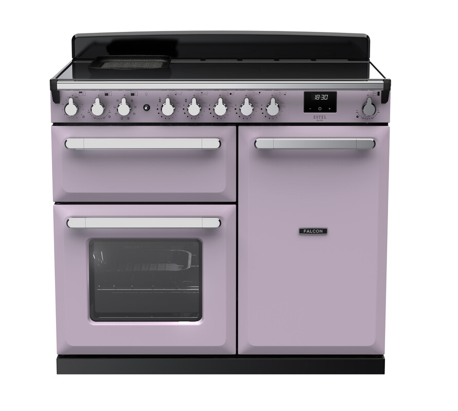 Lila Falcon Standherd mit zwei Öfen und mehreren Drehknöpfen, modernes Design für die Küche