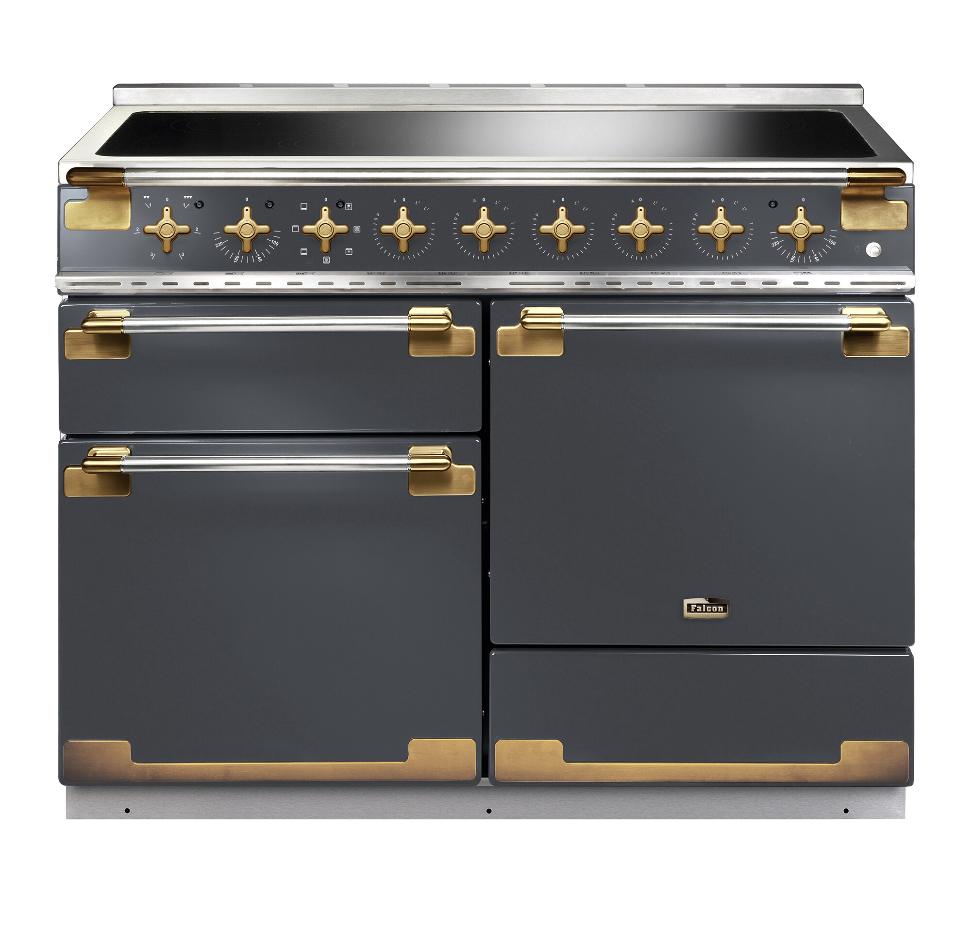 Küchenherd Falcon, anthrazitfarben, mit Induktionskochfeld, goldenen Bedienelementen und mehreren Backöfen