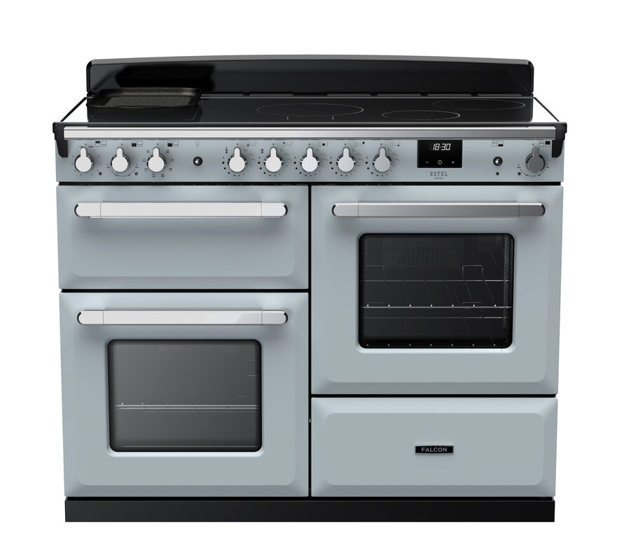Moderner Falcon Range Cooker in Grau mit Induktionskochfeld, mehreren Backöfen und Bedienknöpfen, freistehend
