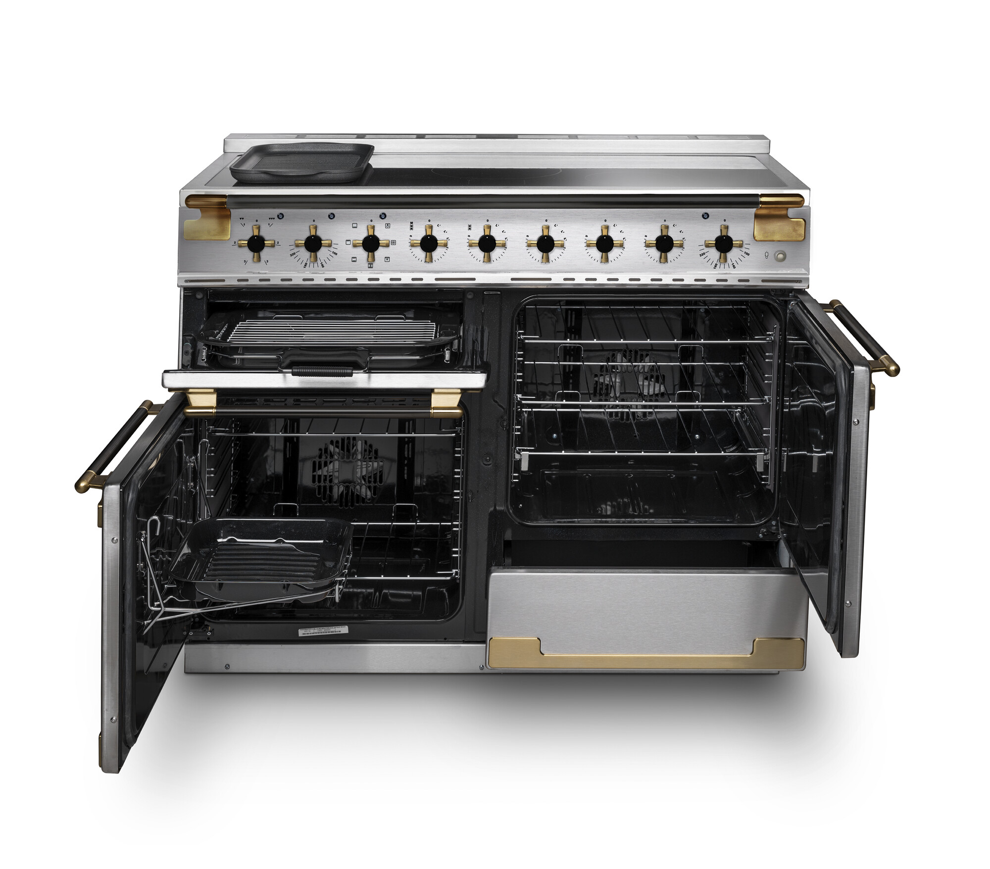 Standherd aus Edelstahl mit goldfarbenen Griffen, mehreren Backöfen und geöffneter Tür, ideal für große Küchen