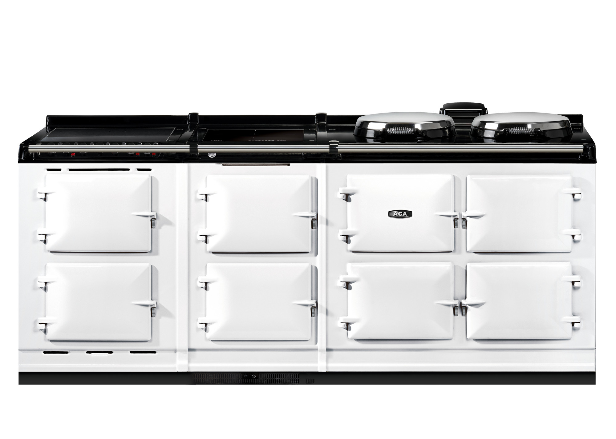 Weißer AGA Herd mit sechs Backofenfächern und zwei Kochplatten, ideal für große Küchen