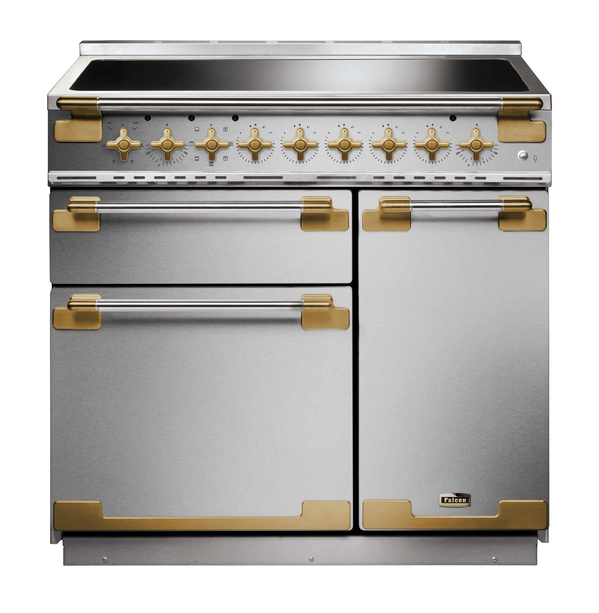 Moderner Edelstahl-Standherd mit goldfarbenen Details, mehreren Backofentüren und großem Kochfeld, ideal für die Gastronomie oder hochwertige Haushaltsküchen