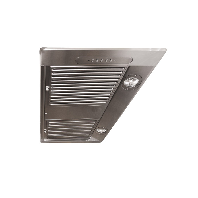 Edelstahl Einbau-Dunstabzugshaube mit Bedientasten und zwei integrierten LED-Leuchten, schräg von unten fotografiert