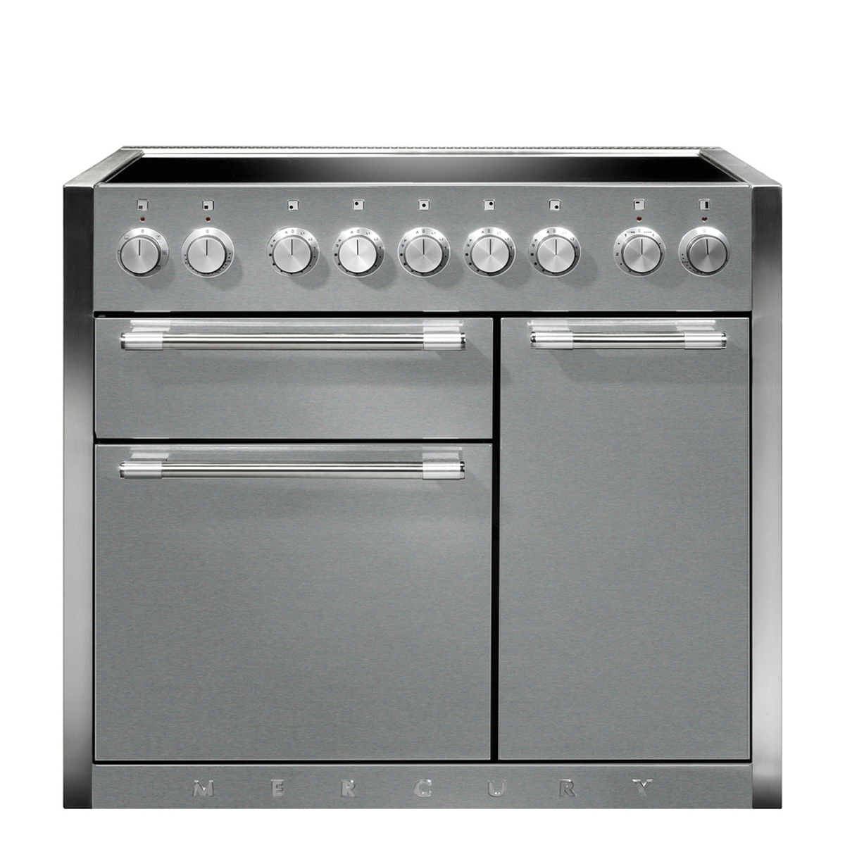 Moderner Edelstahl-Standherd mit mehreren Backöfen, Kochfeld und silbernen Drehknöpfen, Marke Mercury