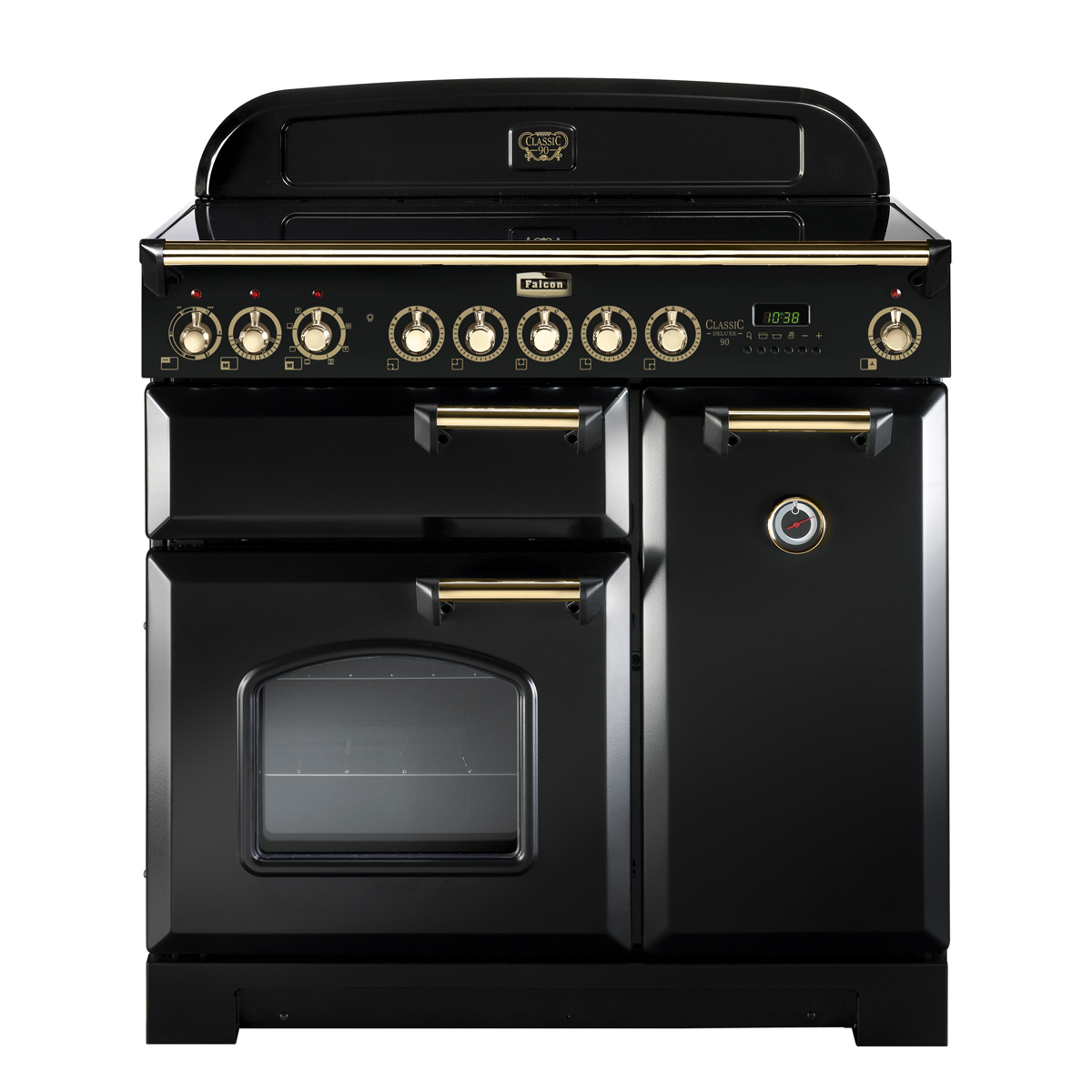 Schwarzer Falcon Classic 90cm Standherd mit mehreren Backofentüren, Messinggriffen und Bedienknöpfen, integriertem Uhrendisplay und Temperaturanzeige