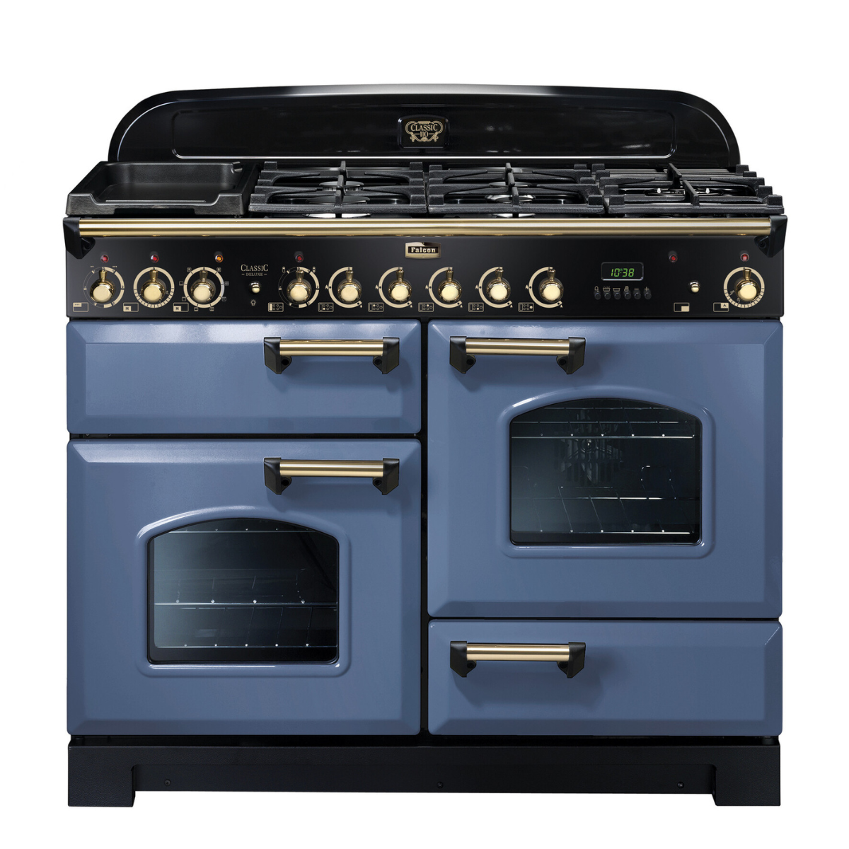Großer blauer Gasherd von Falcon Classic Deluxe 110 mit sieben Kochfeldern, drei Backöfen und goldenen Bedienelementen