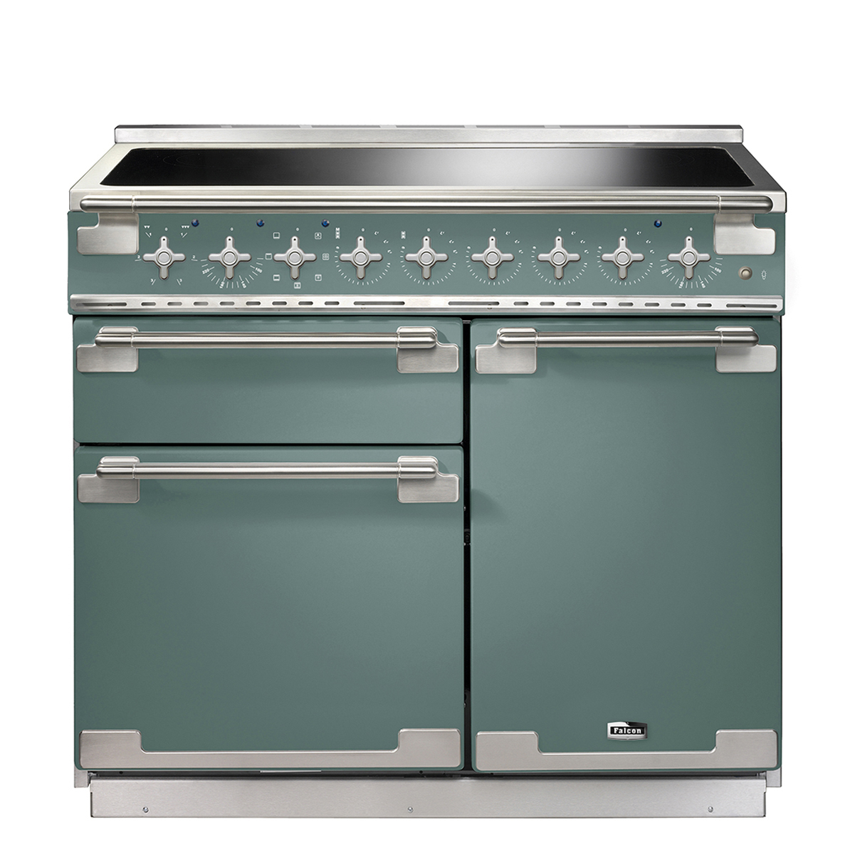 Grüner Falcon Standherd mit Edelstahl-Details, mehreren Backofenklappen und großzügiger Kochfläche