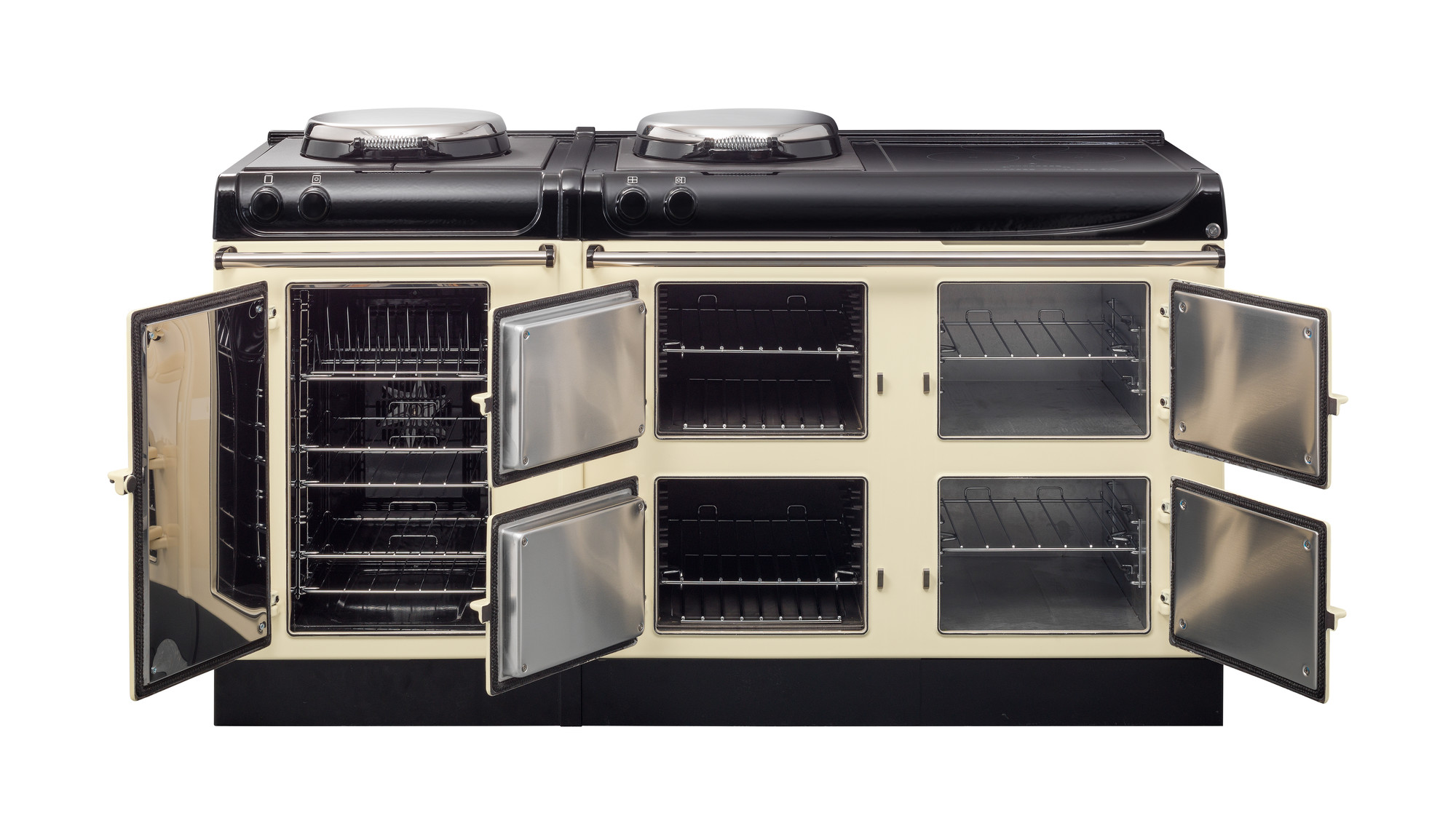 Großer, cremefarbener Standherd mit schwarzen Kochplatten und sechs geöffneten Backofentüren, ideal für große Küchen