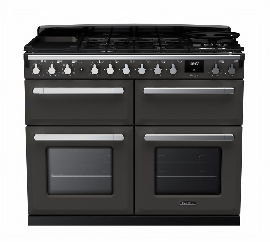 Schwarzer Falcon Range Cooker mit vier Backöfen und Gas-Kochfeld, freistehender Herd für große Küchen