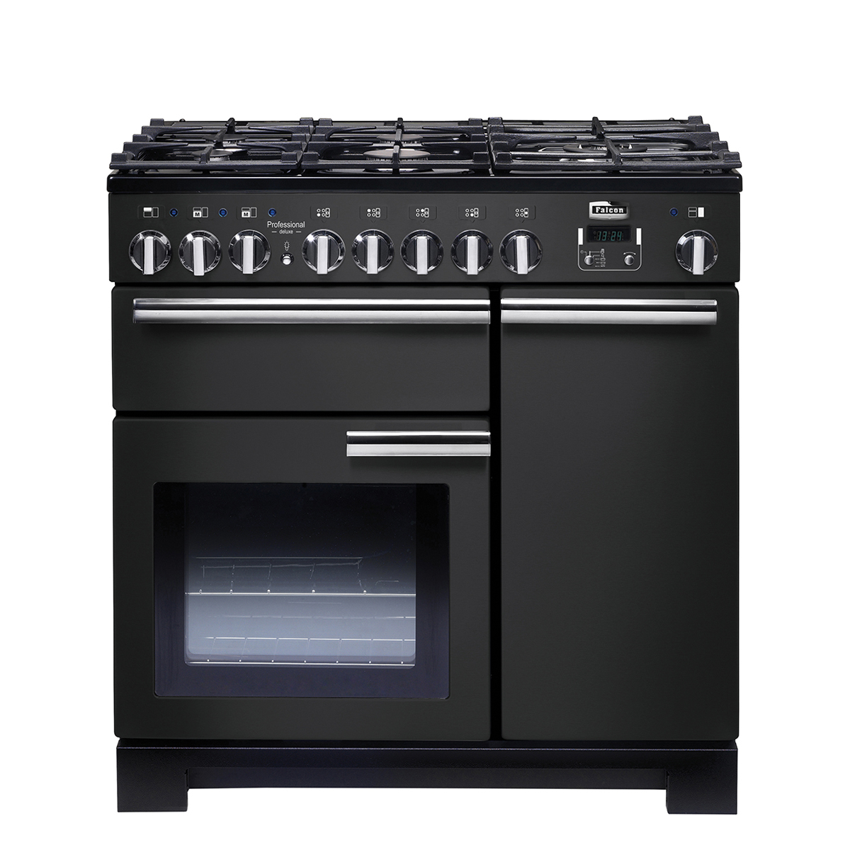 Schwarzer Standherd von Falcon mit mehreren Kochplatten, zwei Backöfen und Edelstahlgriffen, geeignet für moderne Küchen