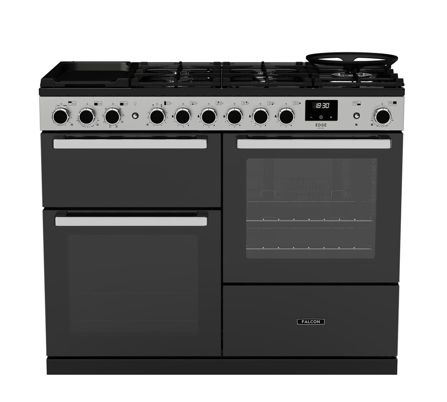 Moderner Falcon Standherd in Schwarz mit Edelstahl-Blende, Gas-Kochfeld und mehreren Backöfen