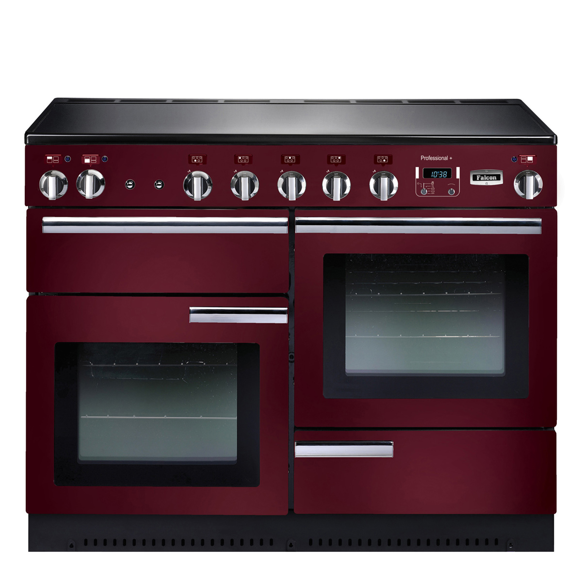 Bordeauxroter Falcon Professional+ 110 Induktionsherd mit drei Backöfen und fünf Kochfeldern, Frontansicht