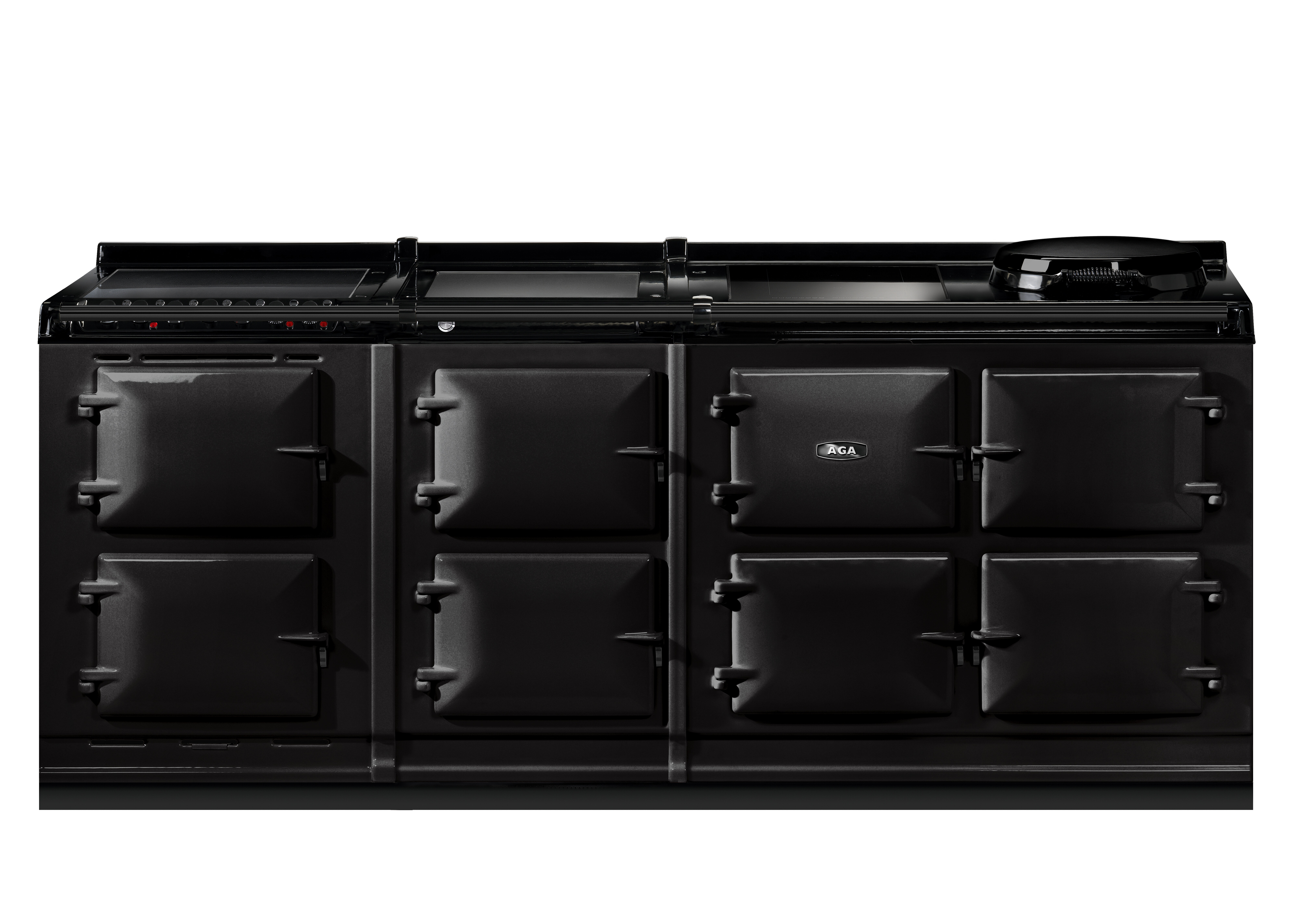 AGA Herd in Schwarz mit sechs Türen und mehreren Kochfeldern, ideal für stilvolle Küchen und professionelle Kochbedürfnisse