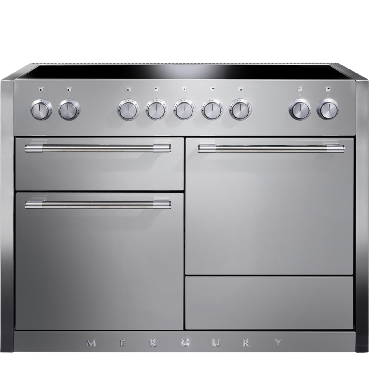 Moderner MERCURY Edelstahlherd mit Induktionskochfeld, neun Drehreglern und mehreren Backofenfächern, ideal für jede Küche