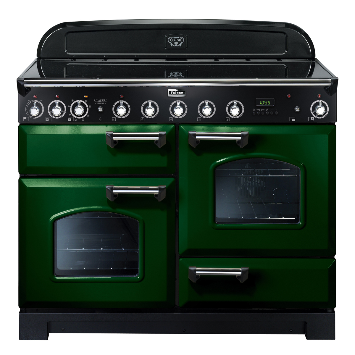 Grüner Falcon Classic Deluxe 110 Induktionsherd mit vier Backöfen, Glastüren und Bedienelementen für moderne Küche