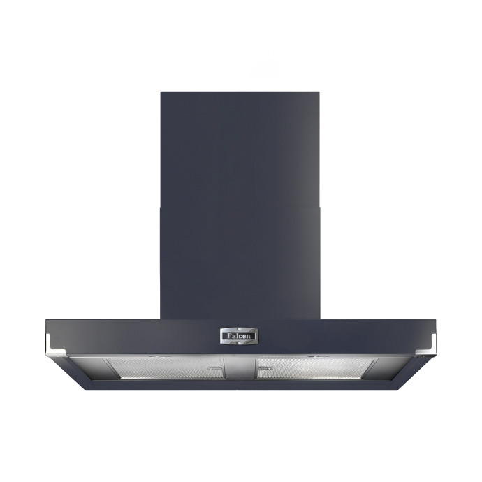 Schwarze Falcon Dunstabzugshaube mit Edelstahlfiltern, frontale Ansicht