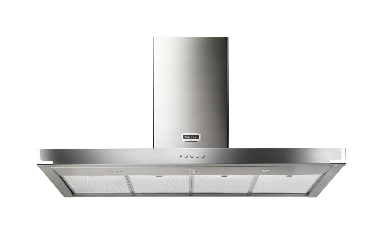 Moderne Edelstahl-Dunstabzugshaube von Falcon, geeignet für Küchen, freistehend mit Bedienfeld und Filtereinsätzen