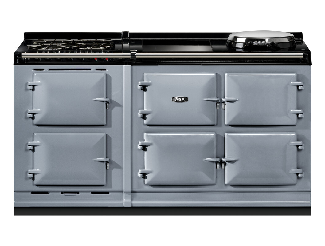 Grauer AGA Herd mit sechs quadratischen Backofenklappen und Kochplatten, geeignet als klassischer Range Cooker für stilvolle Küchen
