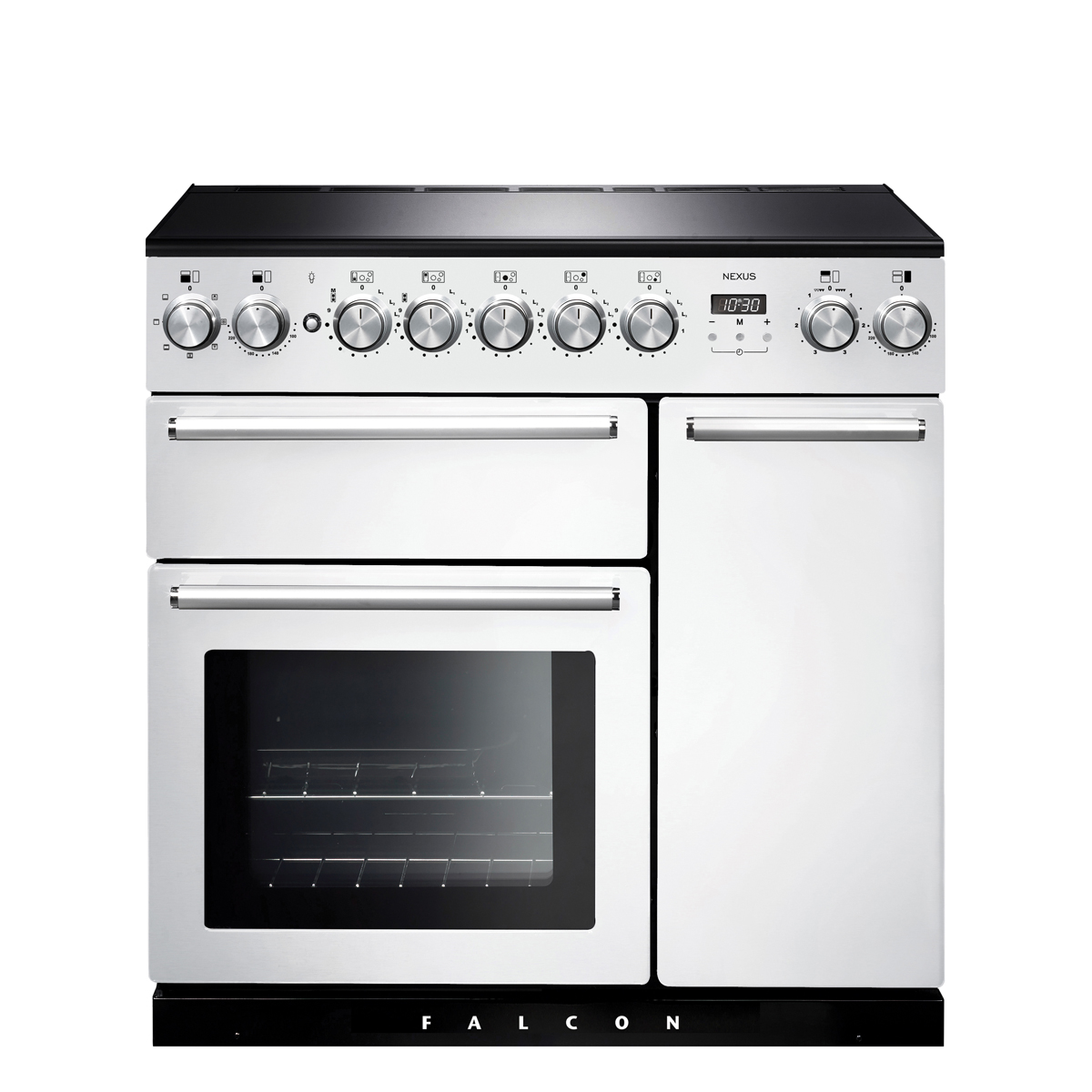 Moderner Herd von Falcon, Modell Nexus, mit drei Backofenfächern und Bedienknöpfen auf der Frontblende, ideal für große Haushalte