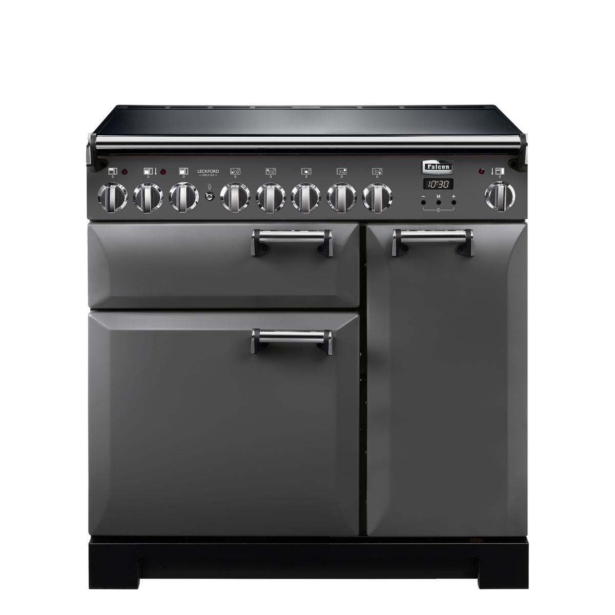 Moderner Standherd Falcon 110 cm Professional Deluxe in Anthrazit, ausgestattet mit mehreren Backöfen, großem Kochfeld und Edelstahl-Bedienelementen
