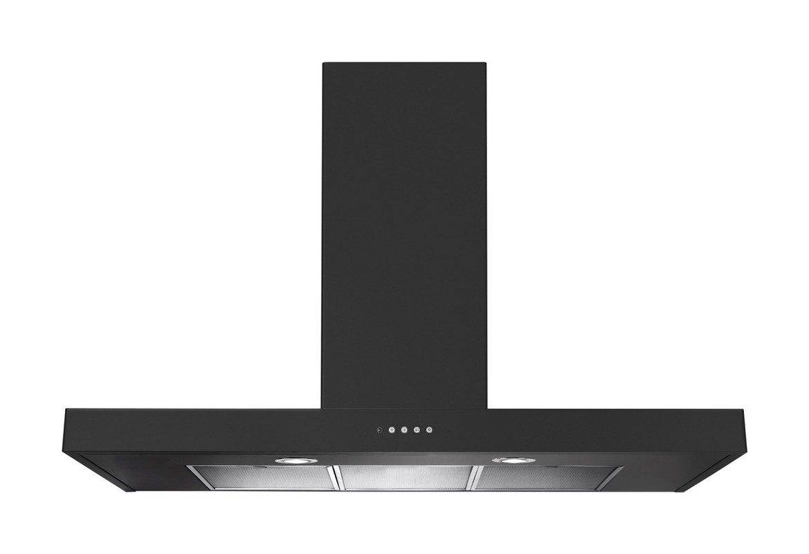 Schwarze Wand-Dunstabzugshaube mit moderner Optik, Edelstahl-Filtern und integrierten LED-Leuchten