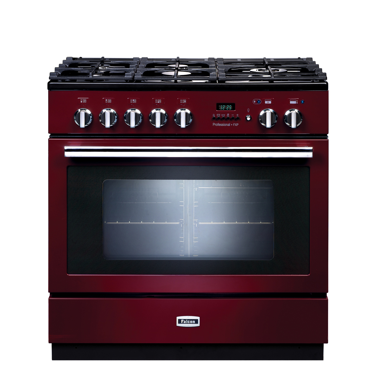 Bordeauxroter Falcon Professional FXP Standherd mit Gaskochfeld und großem Backofen, ideal für anspruchsvolle Küchen